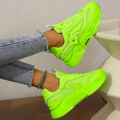 Breathable Platform Mesh Sneakers - Women's Solid Color Lace Up Sporty Trainers - Versatile Low-top Casual Shoes for Holiday