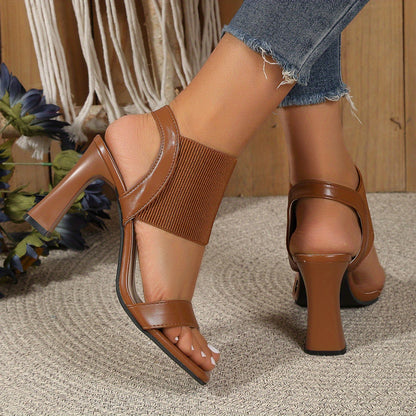 Womens Chic Solid Color Slip-On Sandals - Eye-Catching Hue, Comfortable Chunky Heel, Adjustable Ankle Strap - Versatile Summer Elastic Shoes for Effortless Style