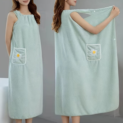 1pc Absorbent Flower Pattern Bath Towel with Pockets for Women - Quick Drying Spa Wrap and Sauna Kilt - Long Bathrobe Skirt for Adults - Bathroom Supplies and Accessories