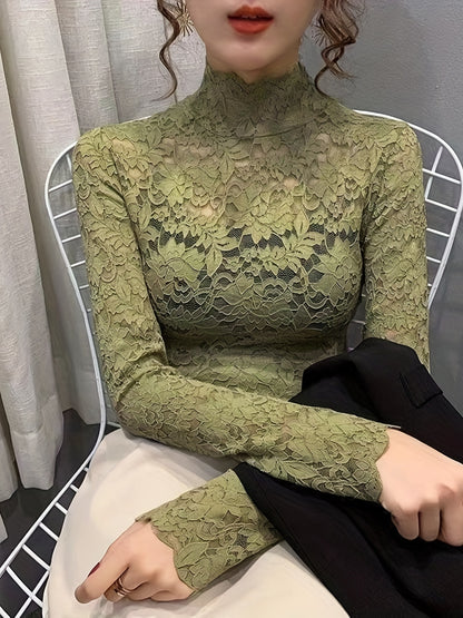 Sexy Lace Mock Neck Long Sleeve Slim Fit Top - Flattering, Breathable, and Comfortable for Spring and Fall - Women's Stylish Clothing for Everyday Wear