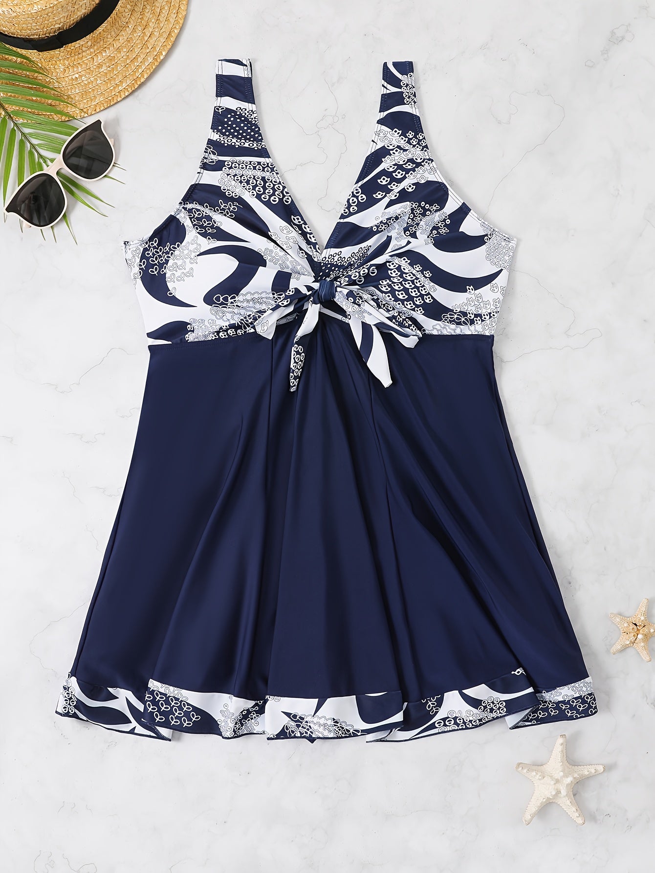 Plus Size Womens Vibrant Floral Print Tie Front V Neck One Piece Swimsuit - High Stretch, Comfortable, Vacation Essential - Polyester Knit Fabric, Random Printing, No Sheer