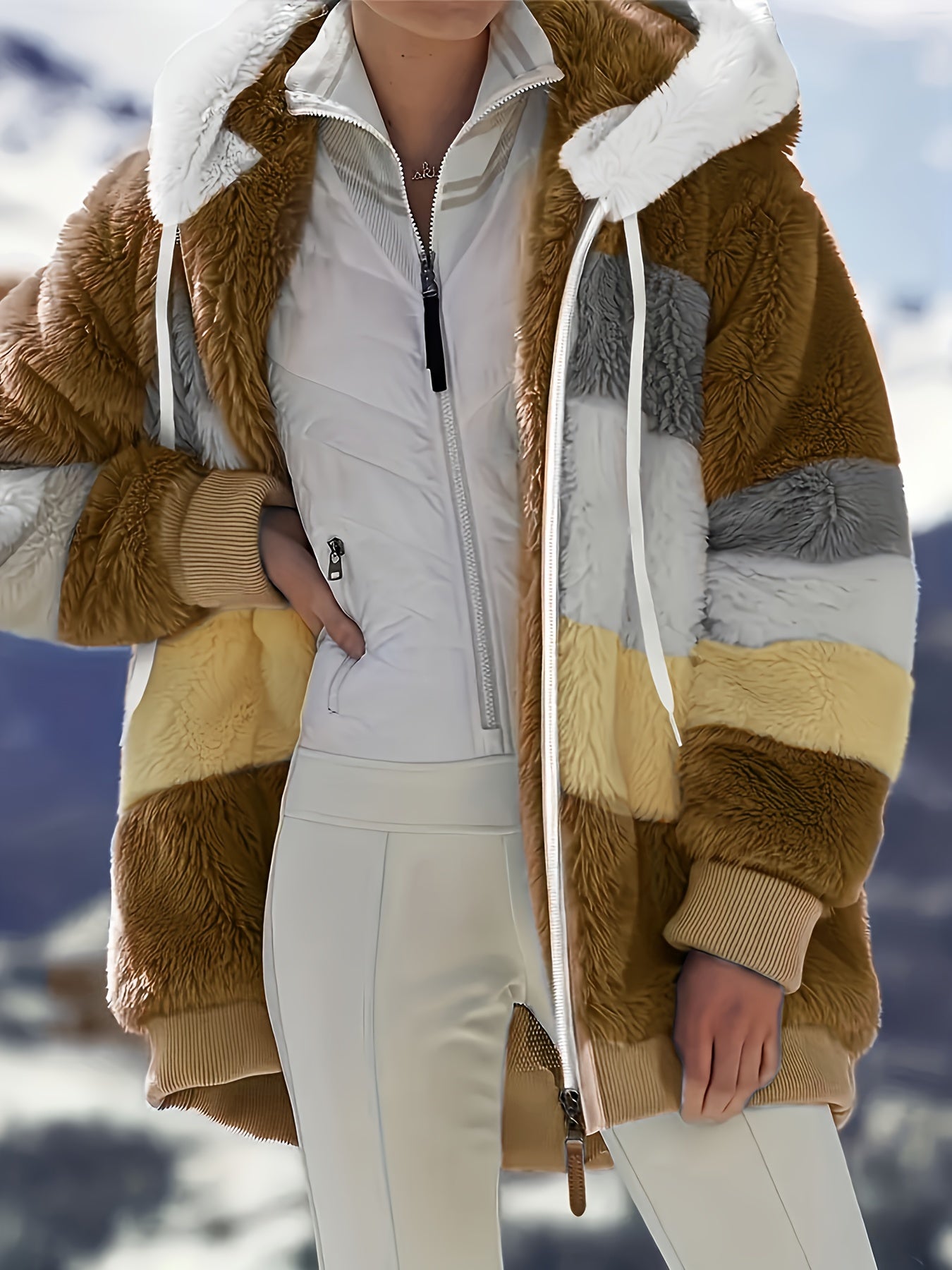 Ultra-Soft Color Block Fuzzy Hooded Coat - Stylish Winter Warm Outerwear with Full-Length Sleeves - Perfect for Casual Wear - Womens Clothing