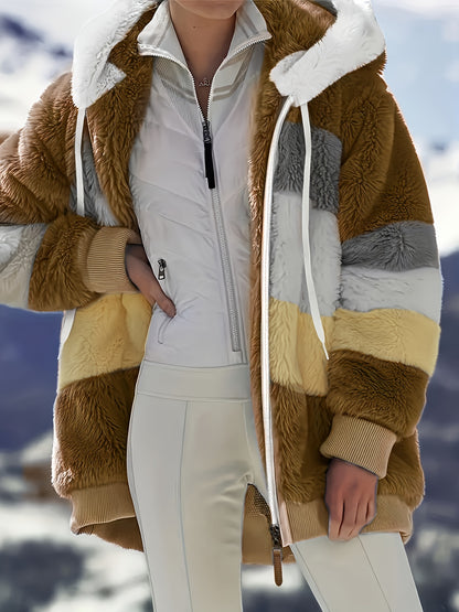 Ultra-Soft Color Block Fuzzy Hooded Coat - Stylish Winter Warm Outerwear with Full-Length Sleeves - Perfect for Casual Wear - Womens Clothing