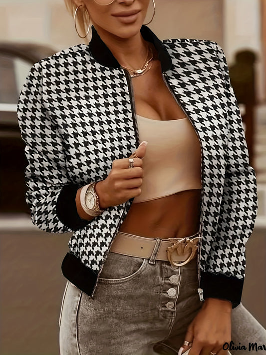 Houndstooth Print Bomber Jacket, Casual Zip Up Long Sleeve Outerwear, Women's Clothing