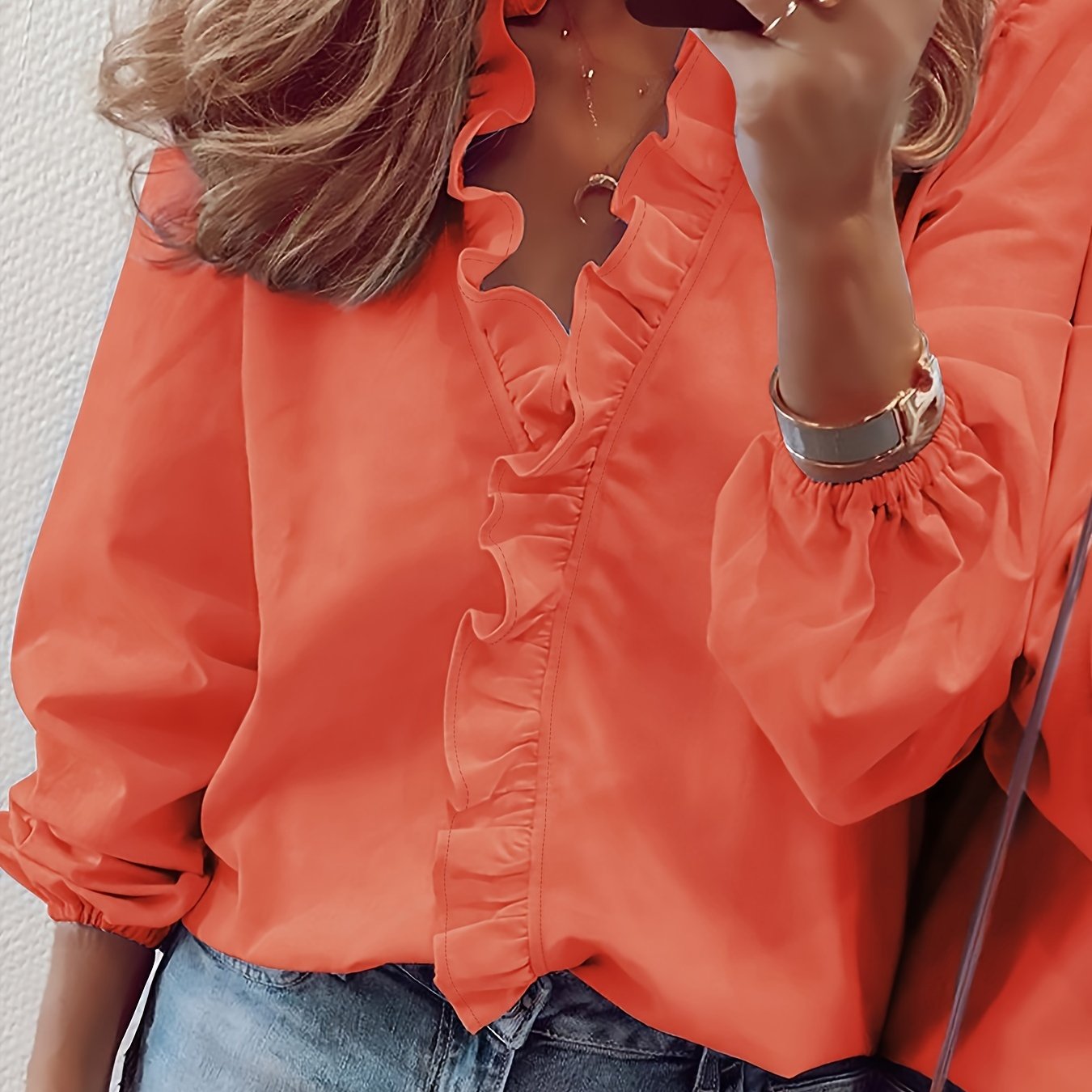 Ruffled Trim V Neck Shirt, Elegant Loose Long Sleeve Shirt, Women's Clothing