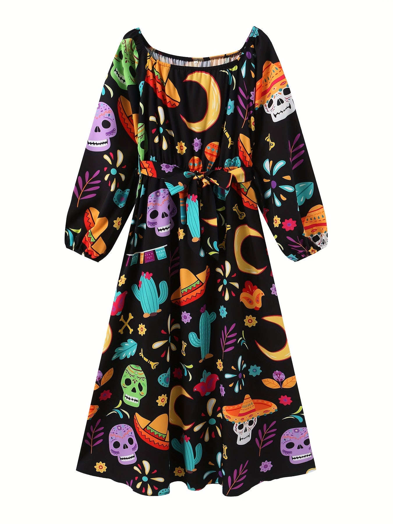 Vintage Off Shoulder Tribal Print Belted Women's Swing Aline Dress with Ruffle Hem Lantern Sleeve