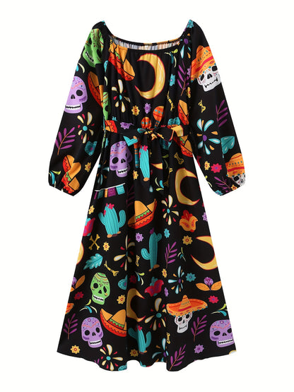 Vintage Off Shoulder Tribal Print Belted Women's Swing Aline Dress with Ruffle Hem Lantern Sleeve