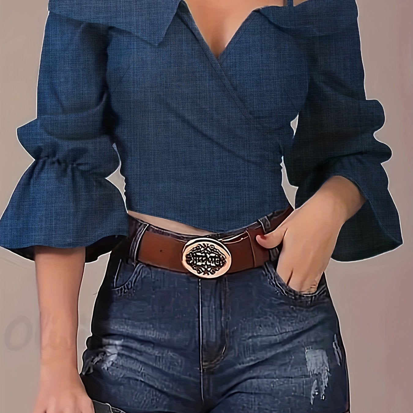 Solid Spaghetti Strap Blouse, Casual Bell Sleeve Surplice Neck Blouse, Women's Clothing