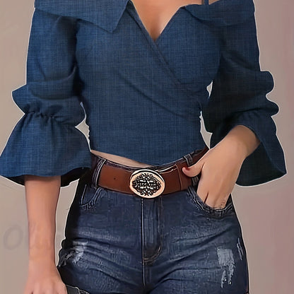 Solid Spaghetti Strap Blouse, Casual Bell Sleeve Surplice Neck Blouse, Women's Clothing