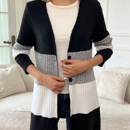 Chic Long Sleeve Colorblock Cardigan - Cozy Knitted Design, Essential Fall & Winter Women's Apparel, Fashion-Forward Button-Up Style