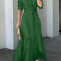 Stunning Ruffled Maxi Dress - Solid Button Front, Belted Waist, Elegant Ruched Sleeve, Flowy Design, Women's Clothing for Special Occasions