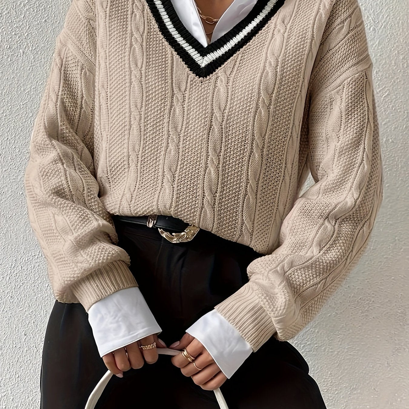 V Neck Cable Knit Pullover Sweater, Casual Long Sleeve Drop Shoulder Sweater, Women's Clothing