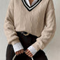 V Neck Cable Knit Pullover Sweater, Casual Long Sleeve Drop Shoulder Sweater, Women's Clothing