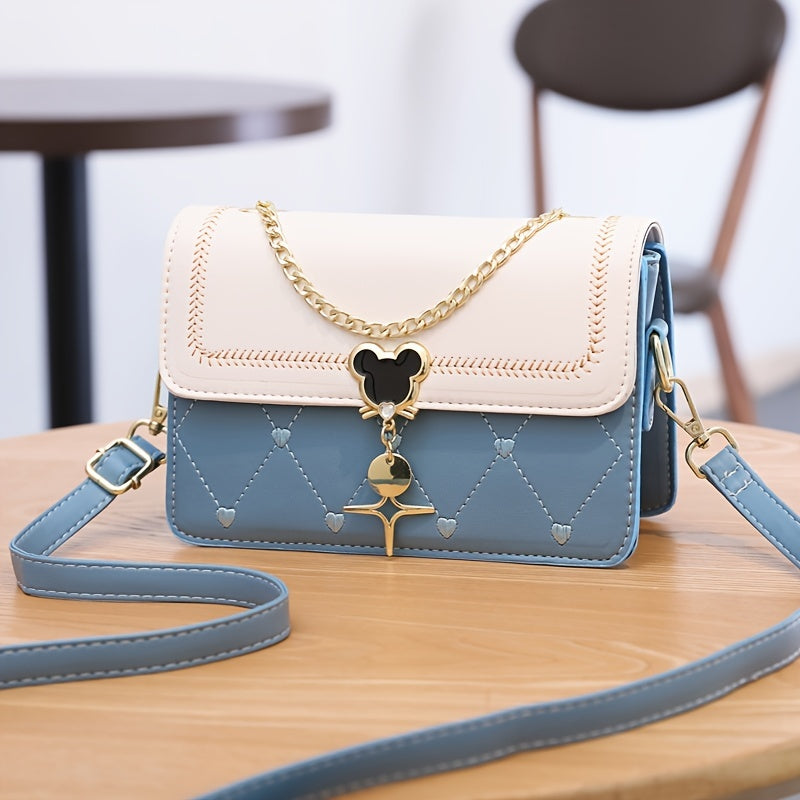 Geometric Embroidered Flap Square Bag - Chic Crossbody with Stylish Chain, Magnet Closure, and Bag Charm