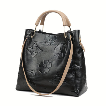 Classic Elegant Flower Embossed Satchel Handbag, Fashionable All-Match Bag For Work