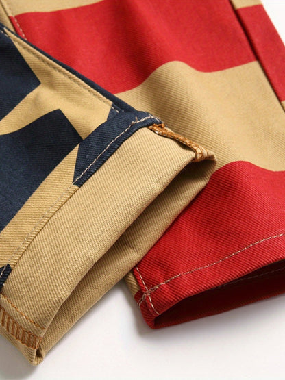 Mens Fashion Flag Print Denim Pants - Bold Color Block Design for Casual Street Style - Comfortable Fit Jeans for Everyday Wear