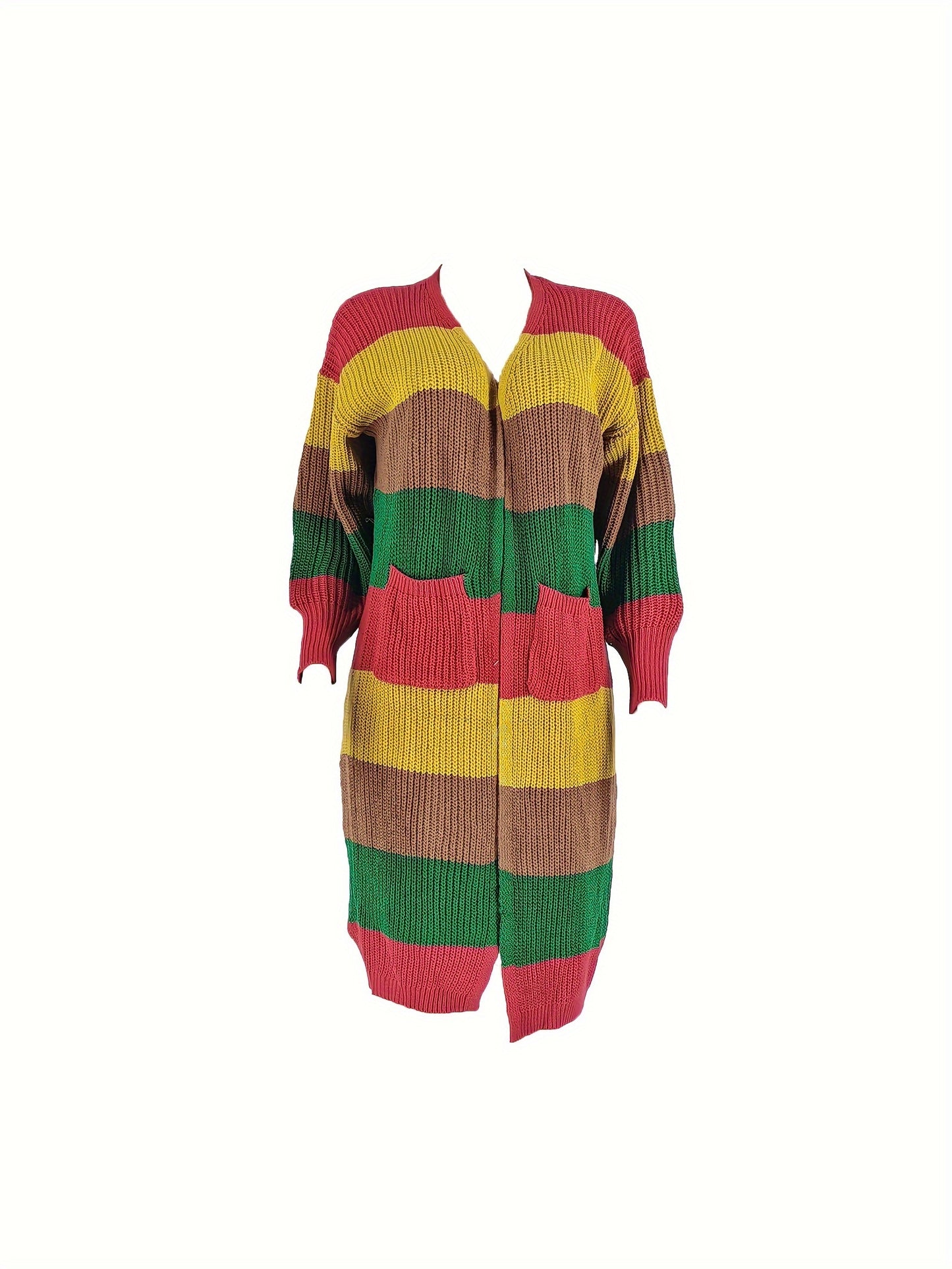 Long Sleeve Color Block Knit Cardigan - Stylish Open Front, Cozy Casual Sweater with Convenient Pockets, Perfect for Womens Everyday Wear