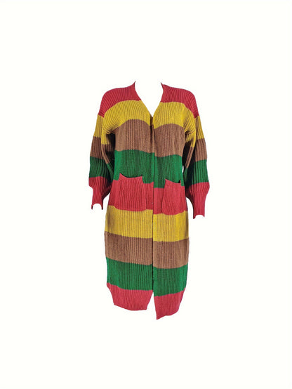 Long Sleeve Color Block Knit Cardigan - Stylish Open Front, Cozy Casual Sweater with Convenient Pockets, Perfect for Womens Everyday Wear