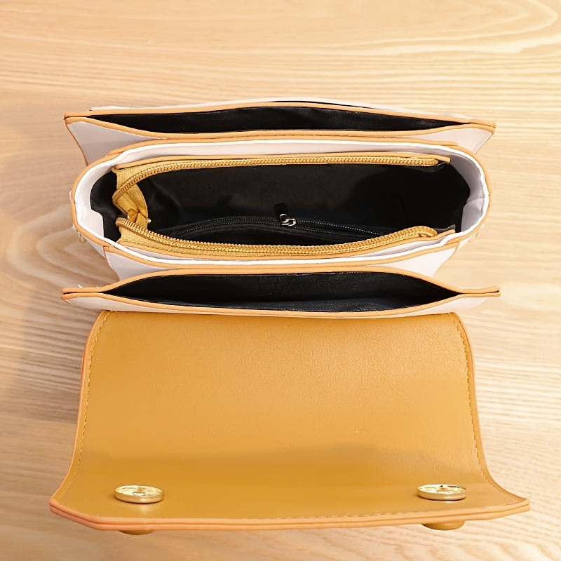 Vibrant Colorblock Square Bag - Stylish Stitch Detail Flap, Wide Comfortable Strap, Trendy Crossbody Design, Casual Shoulder Purse for Daily Use