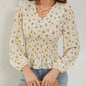 Ditsy Floral Print Shirred Blouse, Elegant Long Sleeve V Neck Blouse, Women's Clothing
