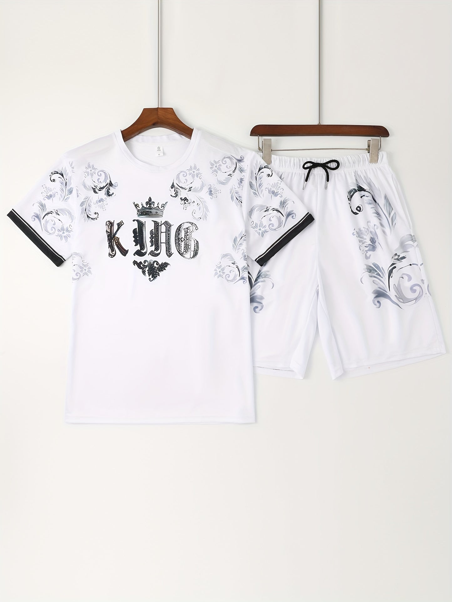 2pcs Sports Set, Men's Comfy Crew Neck Plaid Tee & Active Slightly Stretch Breathable Pants For Outdoor Activities