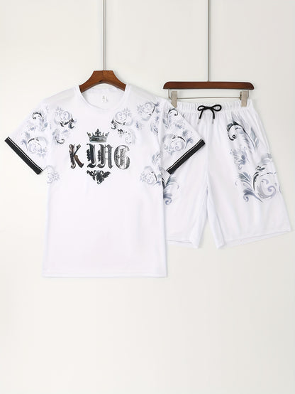 2pcs Sports Set, Men's Comfy Crew Neck Plaid Tee & Active Slightly Stretch Breathable Pants For Outdoor Activities