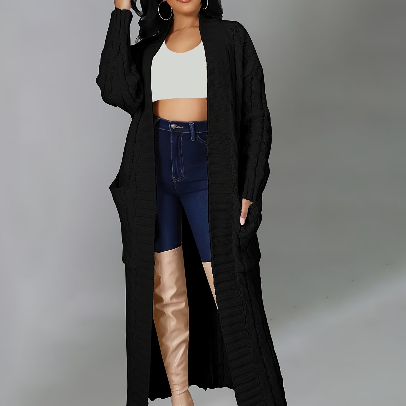 Plus Size Solid Jacquard Longline Cardigan, Women's Plus Medium Stretch Elegant Sweater Cardigan