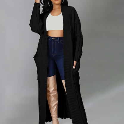 Plus Size Solid Jacquard Longline Cardigan, Women's Plus Medium Stretch Elegant Sweater Cardigan