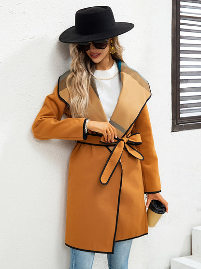 Waterfall Collar Contrast Trim Coat, Casual Open Front Long Sleeve Outerwear, Women's Clothing