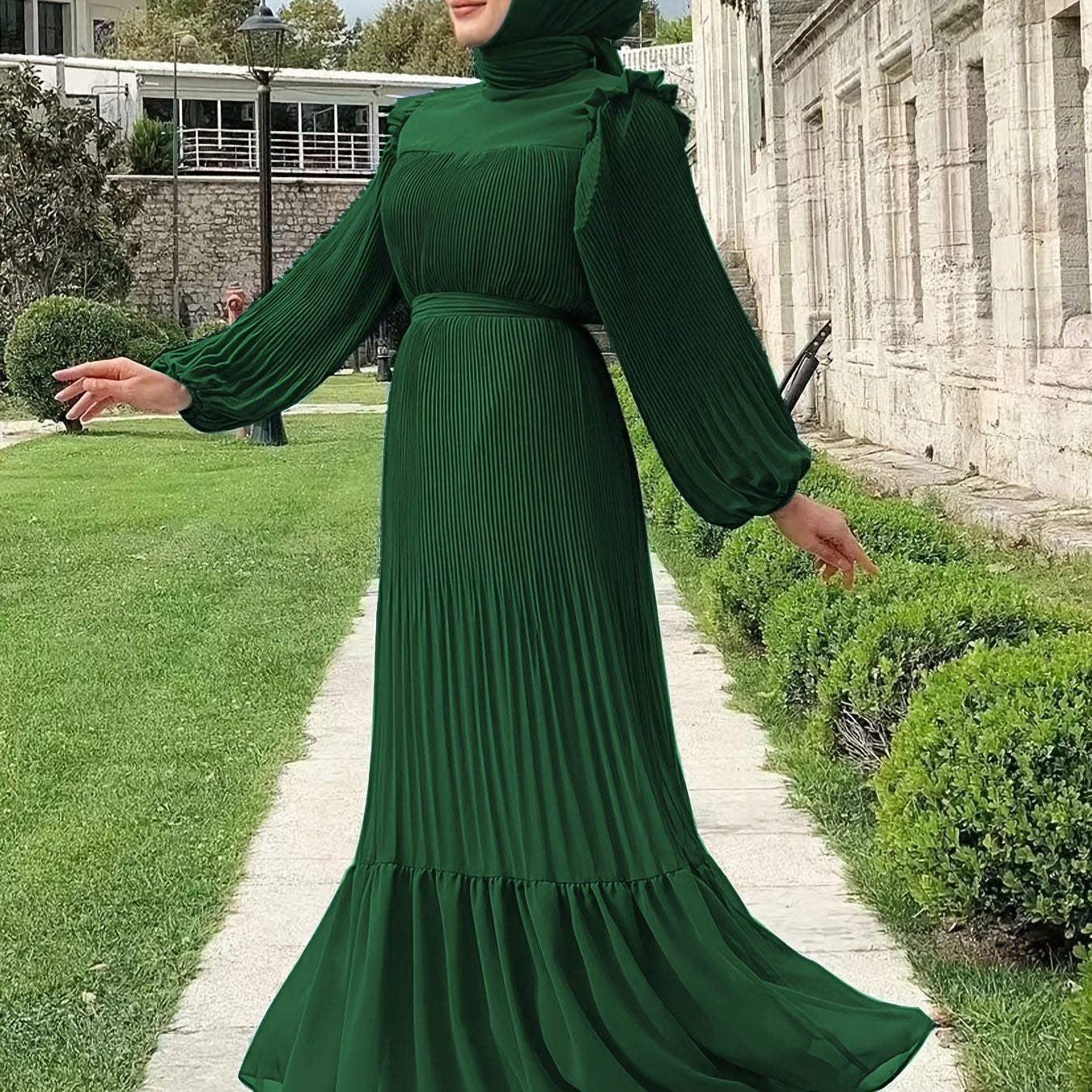 Ramadan Elegant Long Length Kaftan Dress - Polyester Solid Color Belted Maxi Dress with Ruffle Trim, Machine Washable, Casual Wear for All Seasons