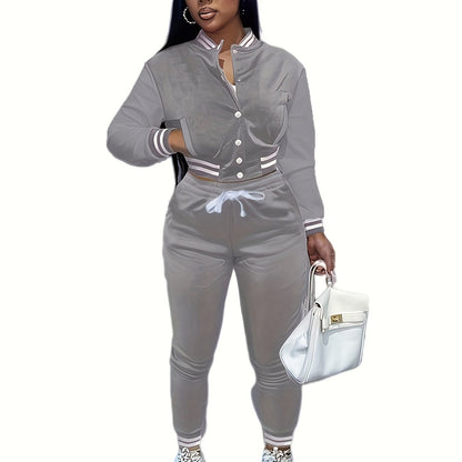 Casual Two-piece Set, Button Front Bomber Jacket & Drawstring Pants Outfits, Women's Clothing