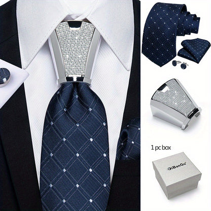 [For Business Silvery Necktie Set] Men's Necktie Silvery Ring & Handkerchief & Cufflinks Set For Business Accessories With Gift Box