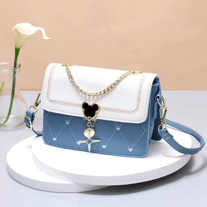 Geometric Embroidered Flap Square Bag - Chic Crossbody with Stylish Chain, Magnet Closure, and Bag Charm
