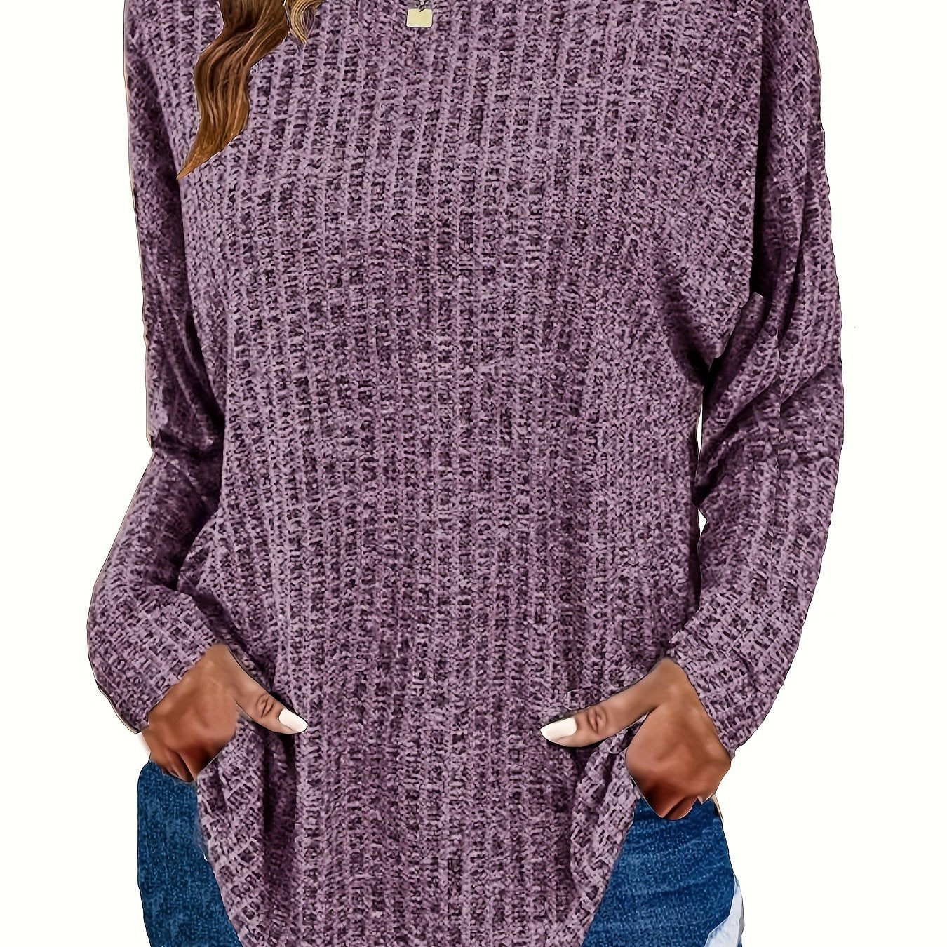 Plus Size Casual Sweater, Women's Plus Solid Ribbed Long Sleeve Round Neck Knit Top