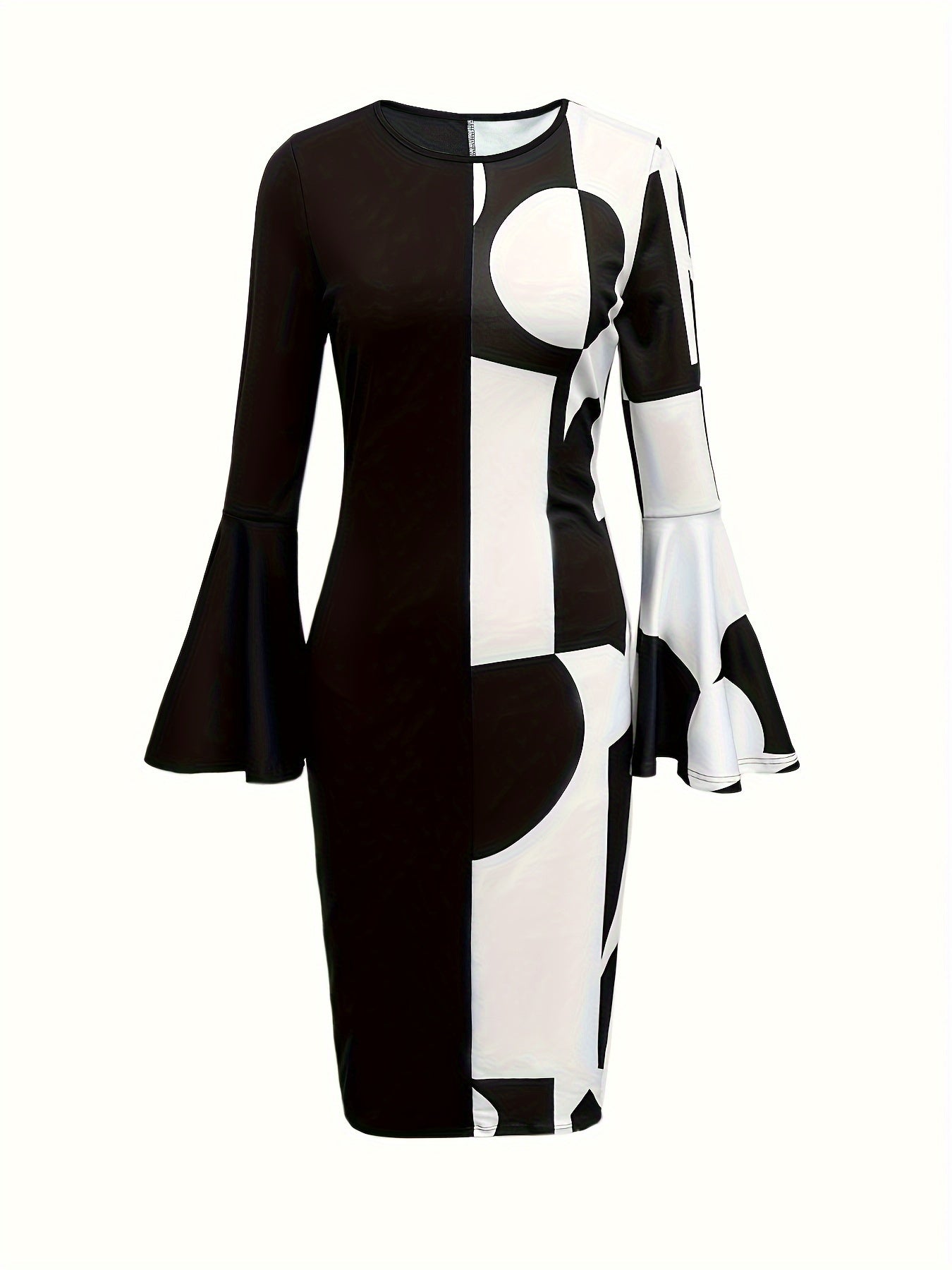 [Geo Print Bodycon Dress] Elegant Geo Print Flared Sleeve Dress - Crew Neck Bodycon Dress for Spring & Fall - Women's Clothing