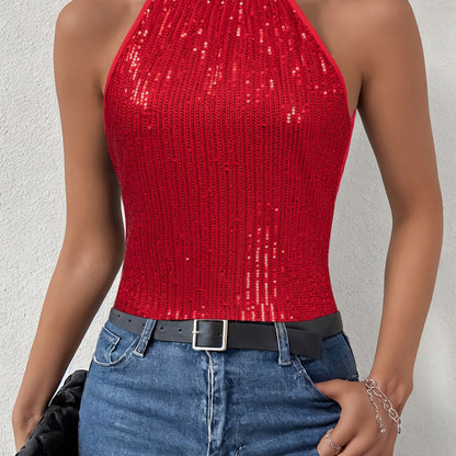 Sequined Tie Back Halter Top, Elegant Sleeveless Top For Summer, Women's Clothing