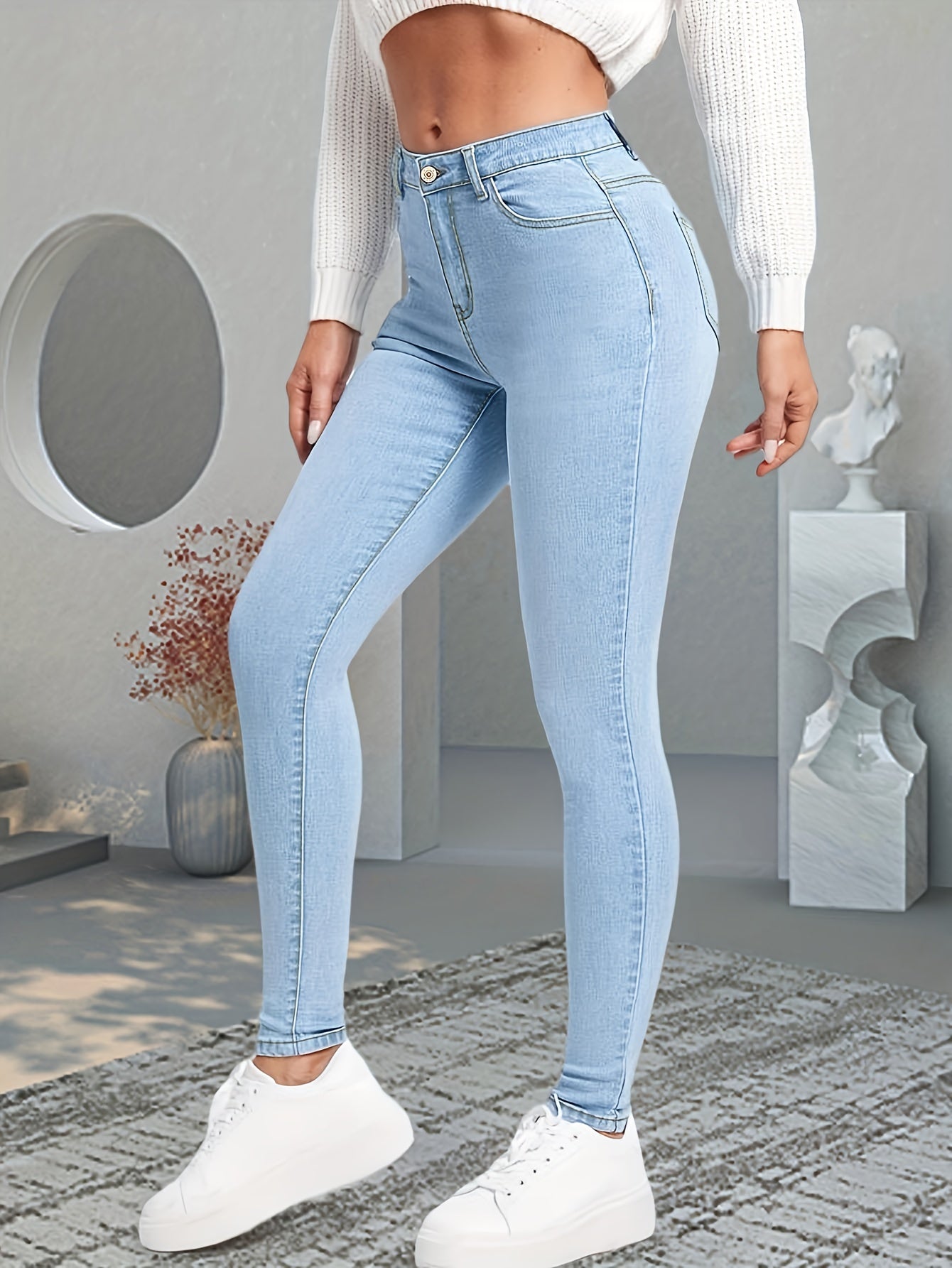 Blue Slim Fit Skinny Jeans, Slim Fit High-Stretch Slant Pockets High Rise Denim Pants, Women's Denim Jeans & Clothing