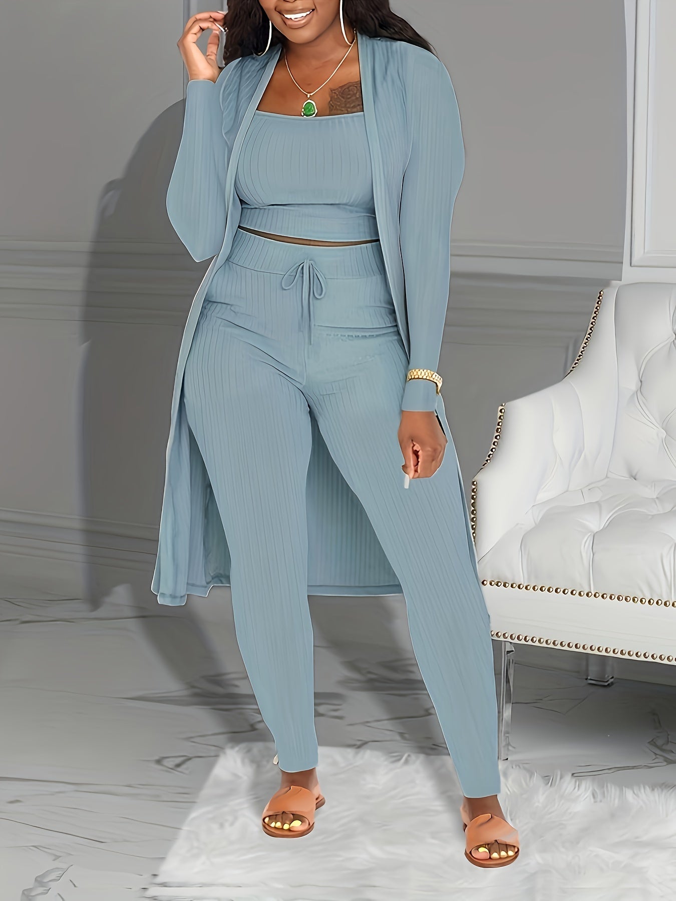 Casual Ribbed 3pcs Set, Crop Tank Top + High Waist Drawstring Pants + Longline Cardigan Outfits, Women's Clothing