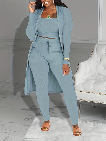 Casual Ribbed 3pcs Set, Crop Tank Top + High Waist Drawstring Pants + Longline Cardigan Outfits, Women's Clothing