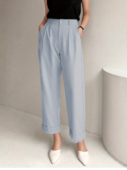 Chic Solid High Waist Pleated Pants - Flattering Draped Design, Straight Leg, Casual Style - Perfect for Womens Wardrobe