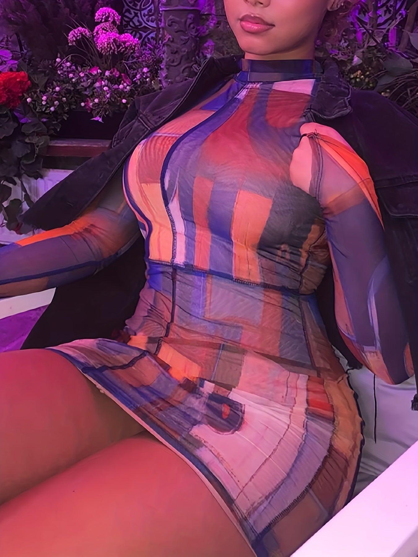 Geo Print Bodycon Dress, Casual Mock Neck Long Sleeve Dress, Women's Clothing For Party Dressing