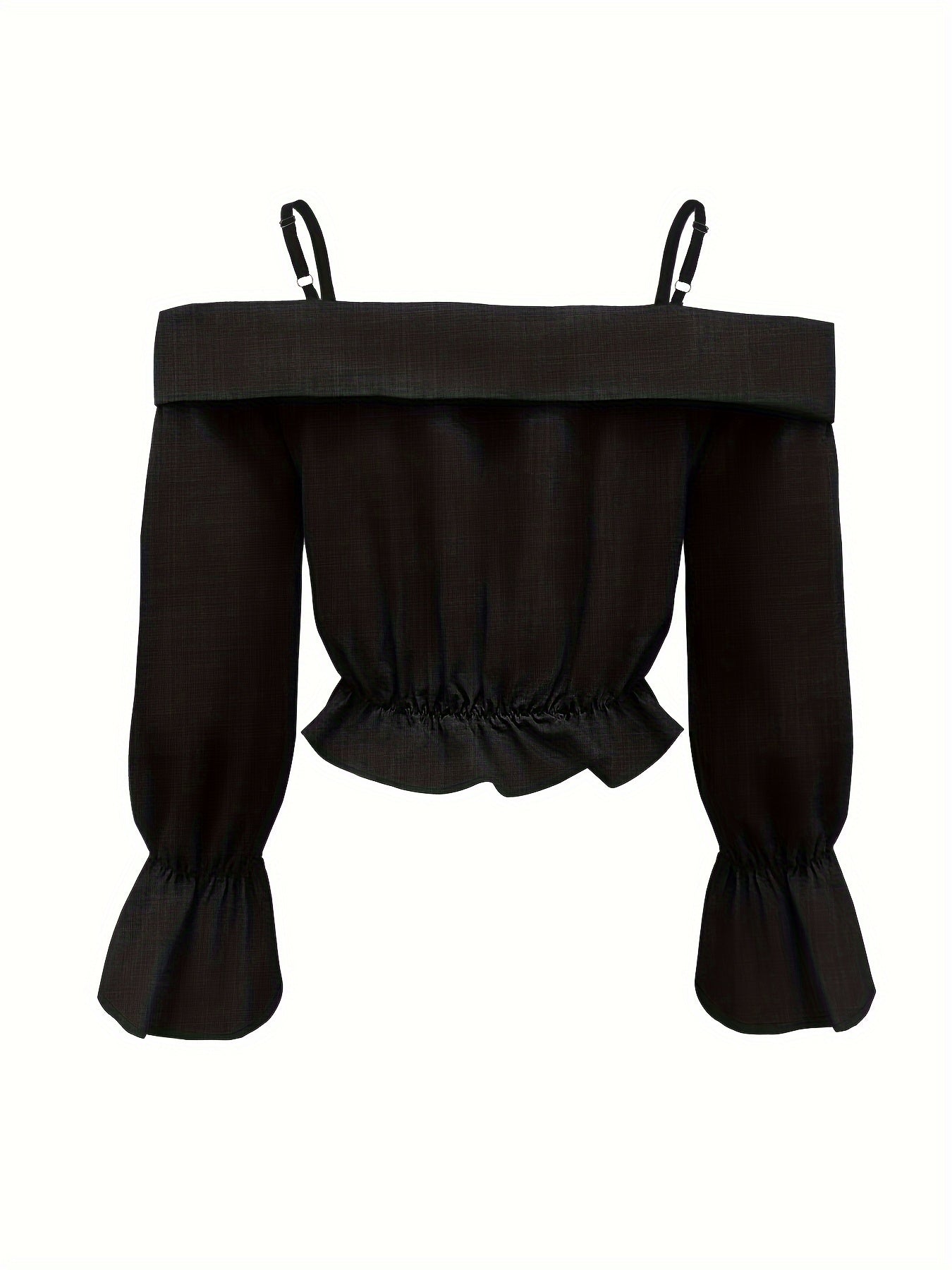 Solid Spaghetti Strap Blouse, Casual Bell Sleeve Surplice Neck Blouse, Women's Clothing