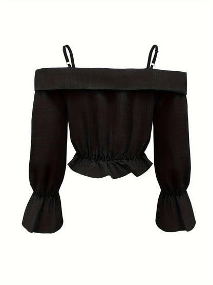 Solid Spaghetti Strap Blouse, Casual Bell Sleeve Surplice Neck Blouse, Women's Clothing