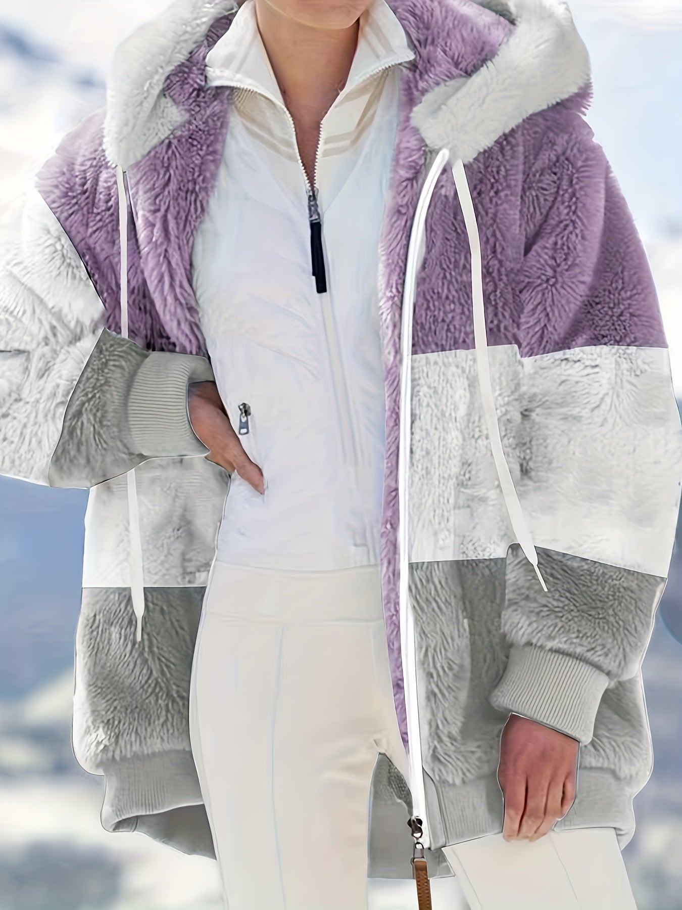 Plus Size Colorblock Fuzzy Hoodie Drawstring Zip Up Coat, Women's Plus Pocket Casual Overcoat