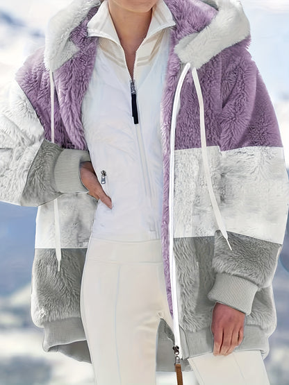 Plus Size Colorblock Fuzzy Hoodie Drawstring Zip Up Coat, Women's Plus Pocket Casual Overcoat