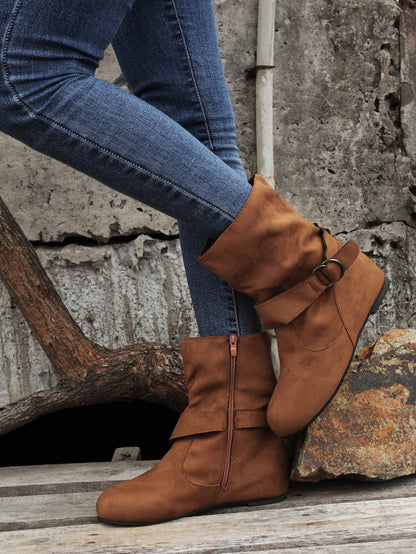 Womens Classic Solid Color Ankle Boots with Round-Toe Design - Fashion Buckle Belt & Side Zipper Closure - Ultra-Comfortable Outdoor Shoes for Stylish Adventures