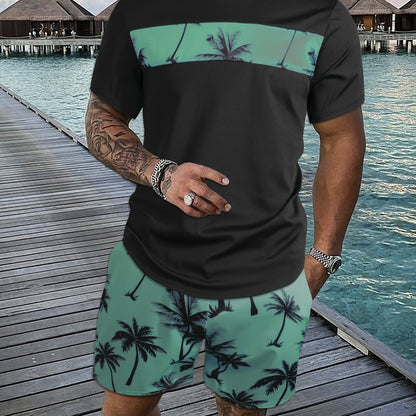 2Pcs Men's Tropical Coconut Tree Print Casual Outfits - Crew Neck Short Sleeve T-shirt & Drawstring Shorts Set - For Summer Vacation & Resorts - Men's Clothing