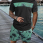 2Pcs Men's Tropical Coconut Tree Print Casual Outfits - Crew Neck Short Sleeve T-shirt & Drawstring Shorts Set - For Summer Vacation & Resorts - Men's Clothing