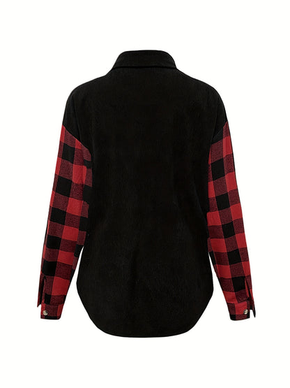 Plaid Print Splicing Shirt, Casual Button Front Long Sleeve Shirt, Women's Clothing