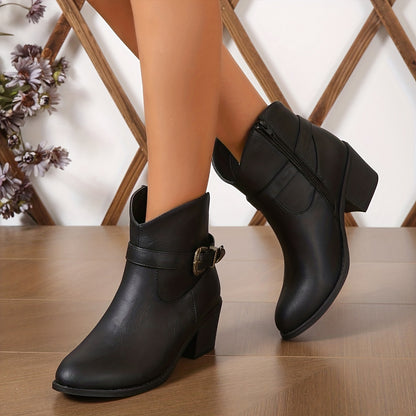 Women's Chunky Heeled Ankle Boots, Retro Buckle Strap Pointed Toe Booties, Side Zipper Short Boots
